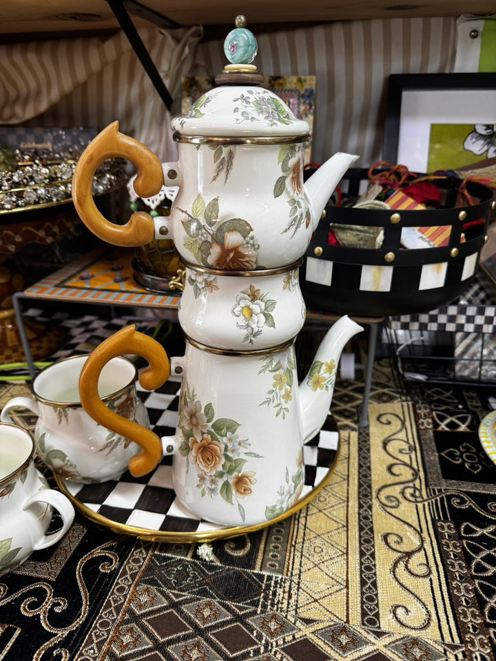 MacKenzie Childs Stacked Camp White Flower Enamel Tea Cream & Sugar High tea Set