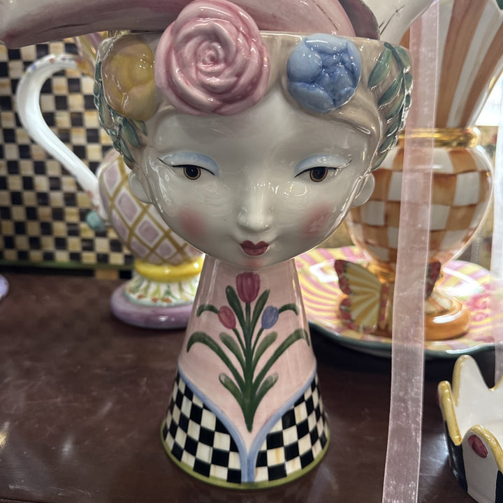 Mackenzie Childs Flower Lady Head Vase Courtly Check Floral Ceramic Planter