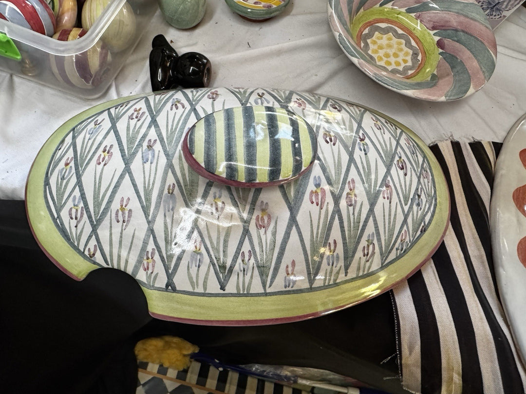 MacKenzie Childs Taylor Bearded Iris  Oval Serving Bowl with Lid 13.5”x 9.5”