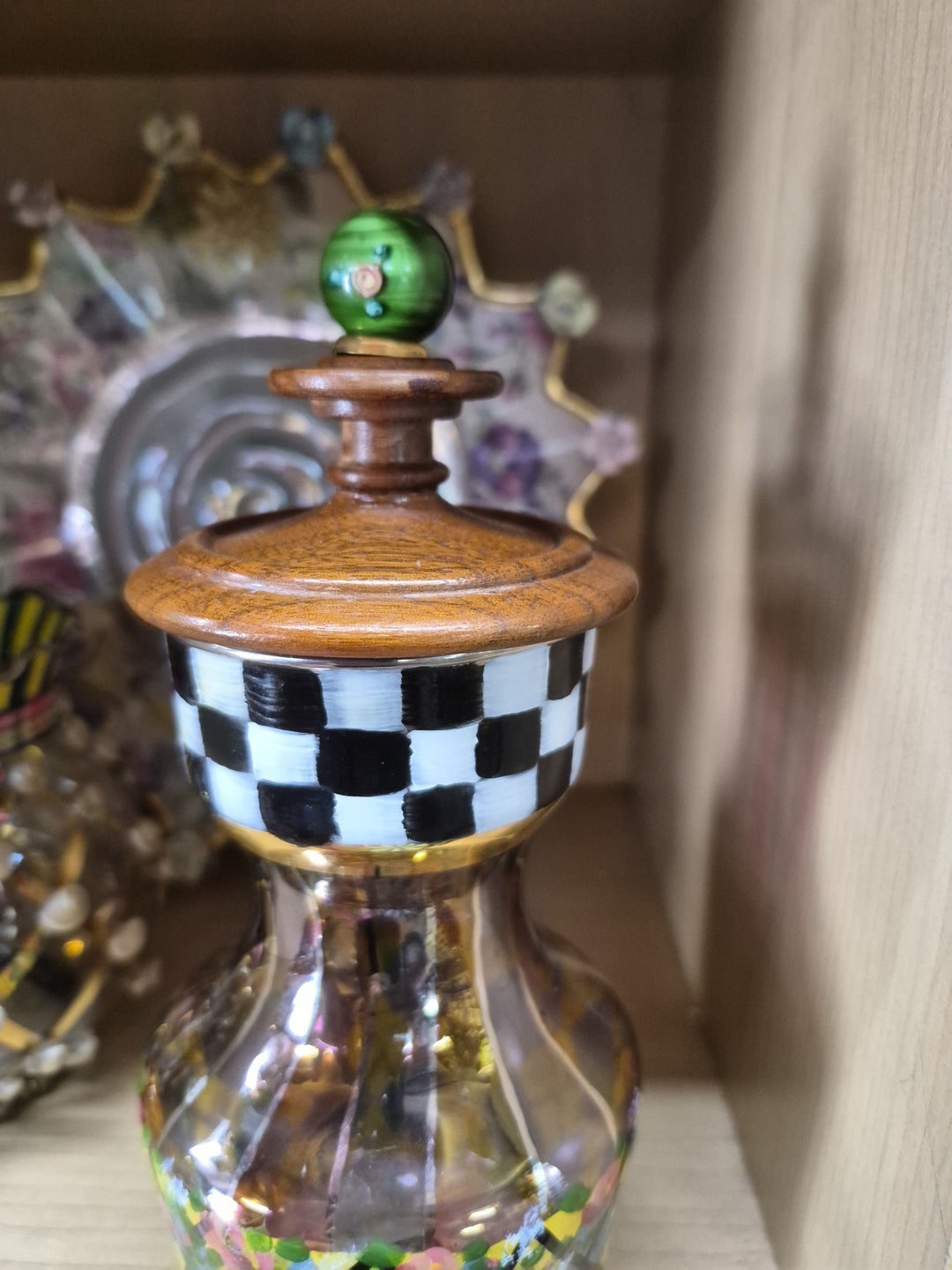 Vintage  Mackenzie Childs Courtly Check Tartan Glass  Circus Carafe W/wooden Lid