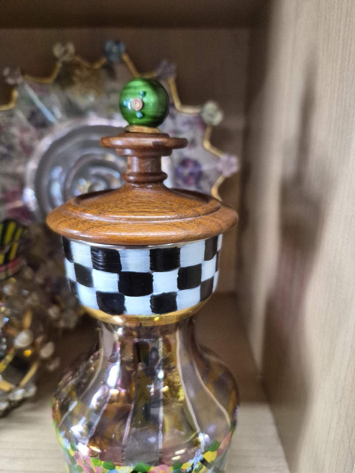 Vintage  Mackenzie Childs Courtly Check Tartan Glass  Circus Carafe W/wooden Lid