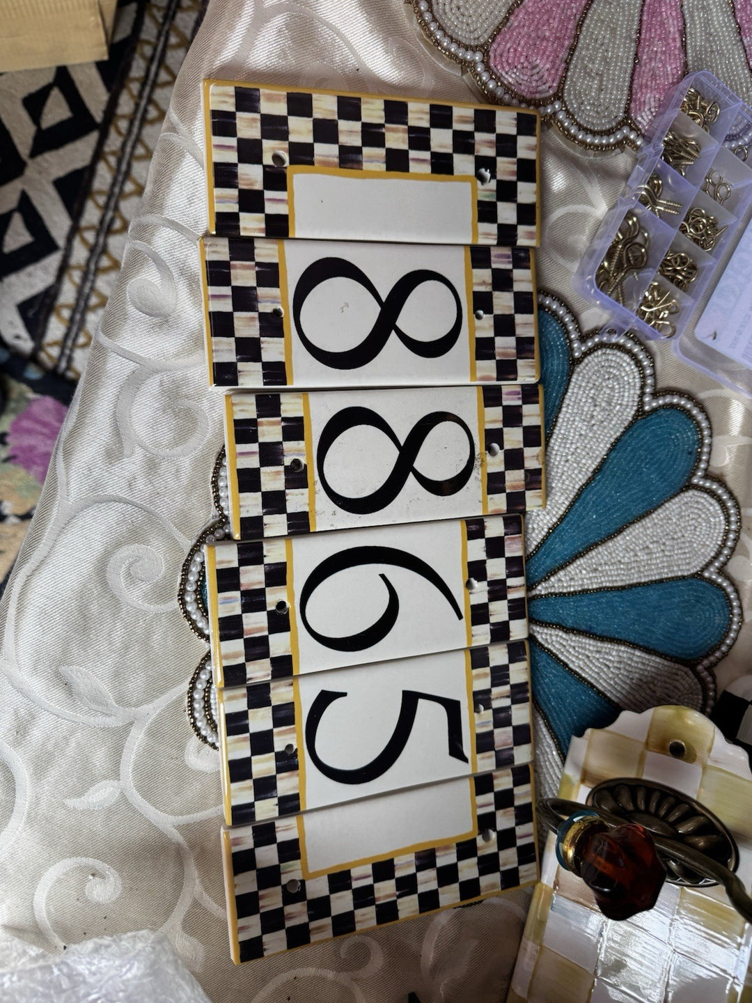 MACKENZIE CHILDS  HOUSE NUMBER 5 COURTLY CHECK TILE NEW 7" X 3"