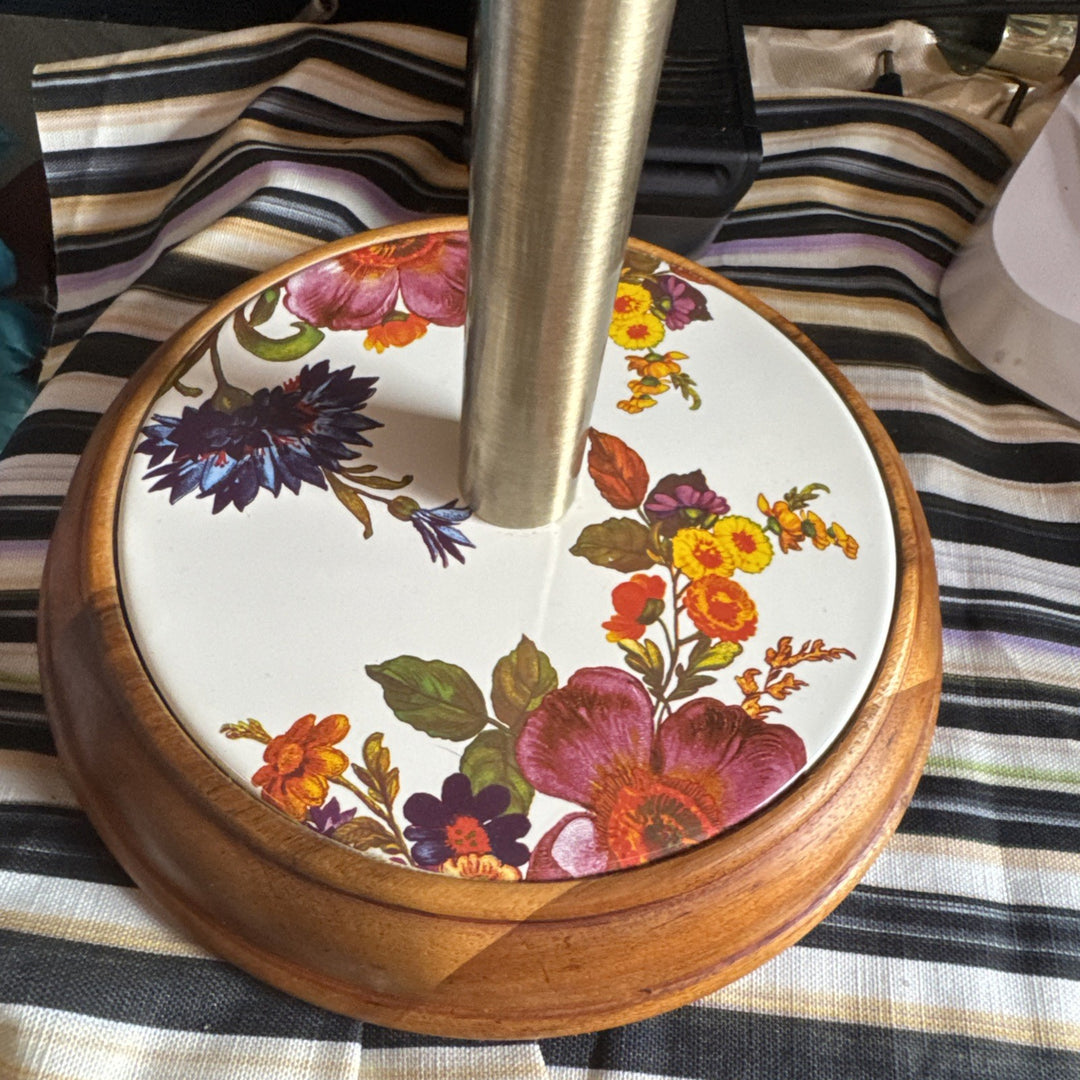MacKenzie-Childs White Flower Market Wood Paper Towel Holder