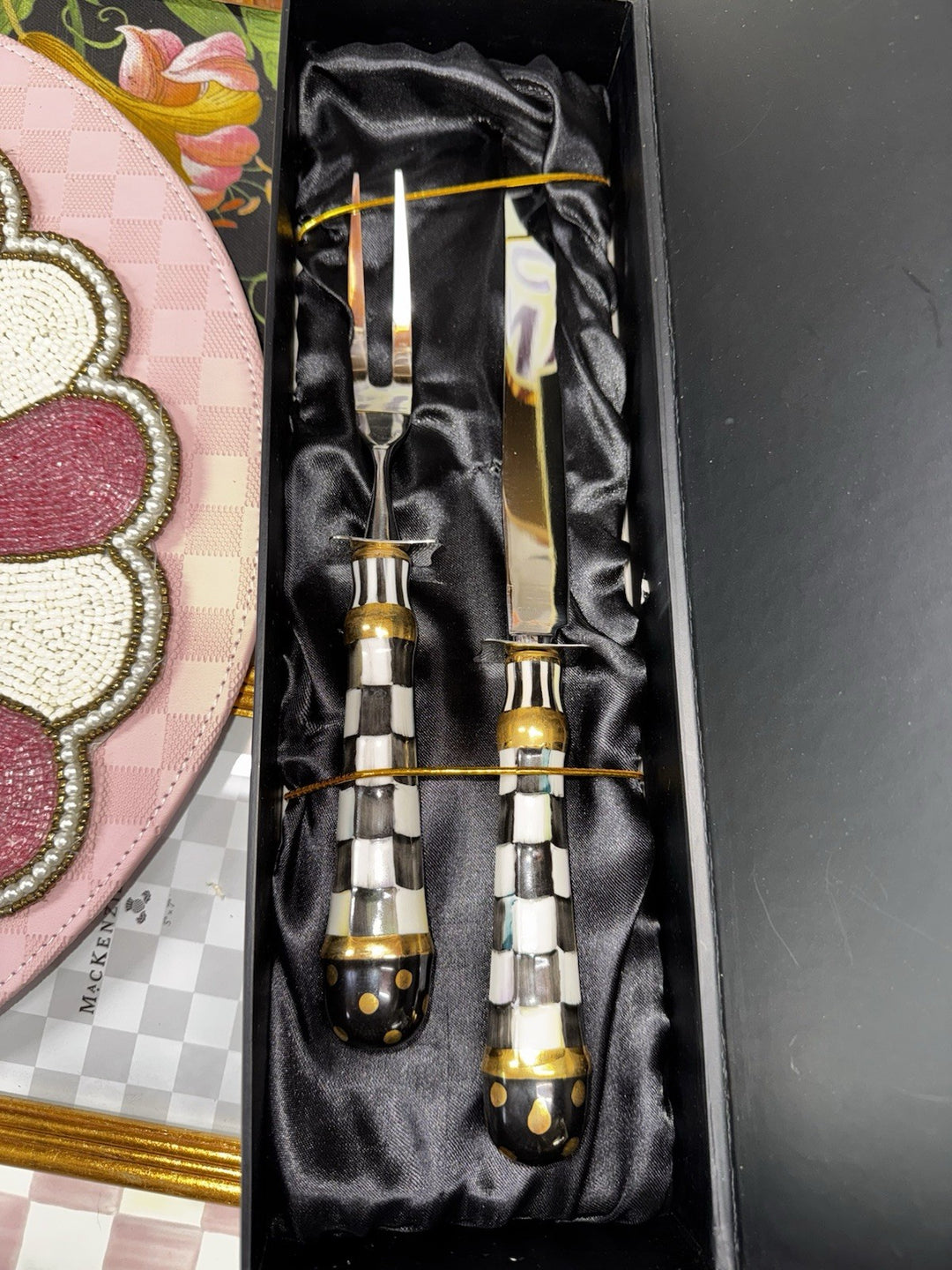MacKenzie Childs Check Two Piece Carving Set  Black Tie ceramic - New