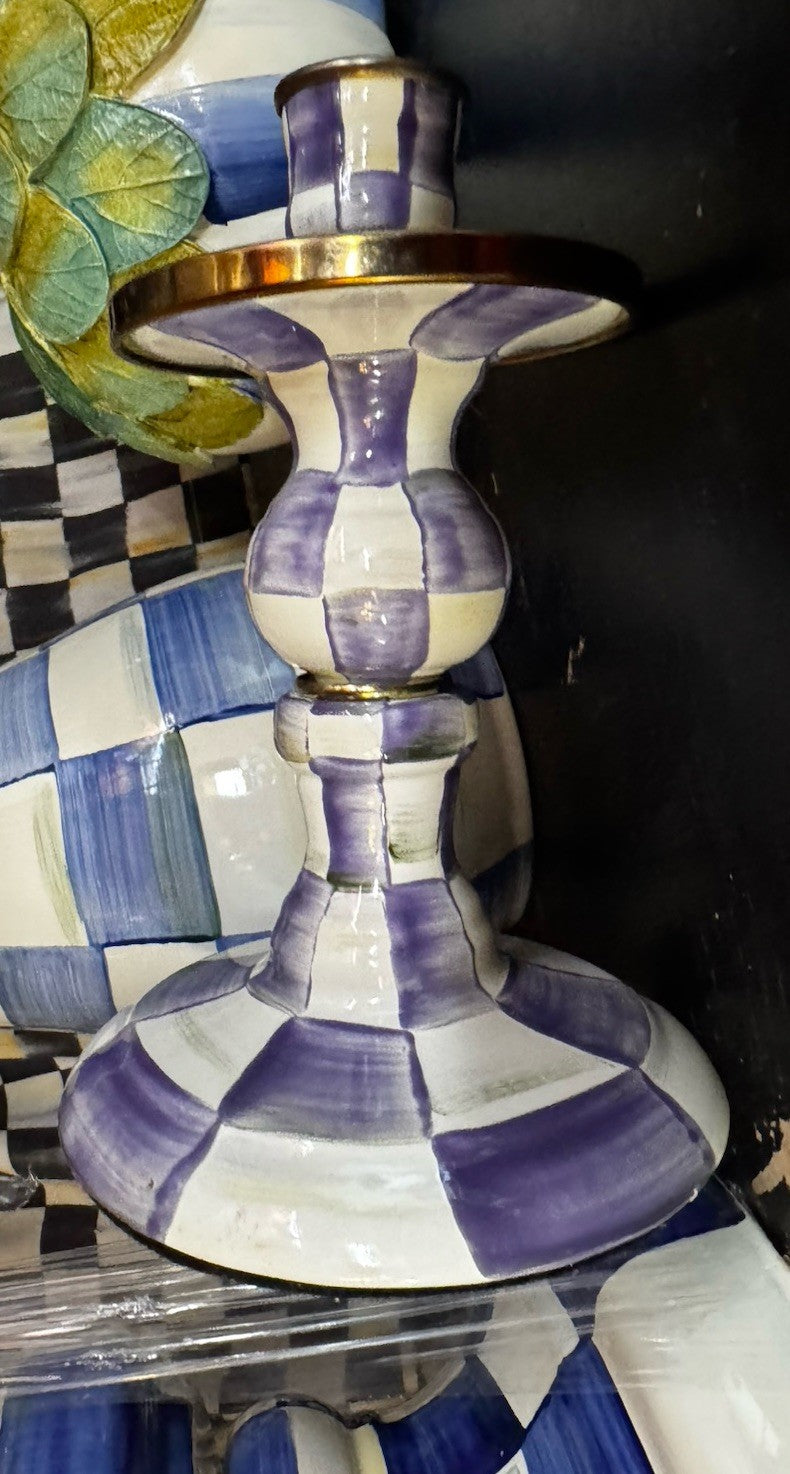 Mackenzie Childs Violet Plum Purple Check Enamel Candlestick 8”
