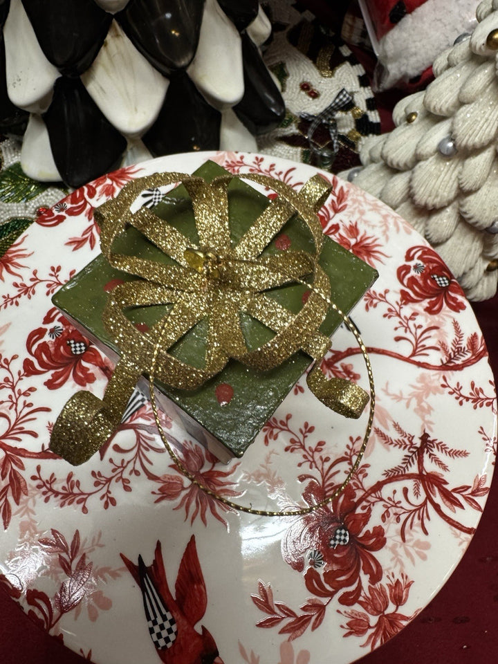 MacKenzie Childs Metal Present Ornament -4”x4” Courtly Stripe With Green Top