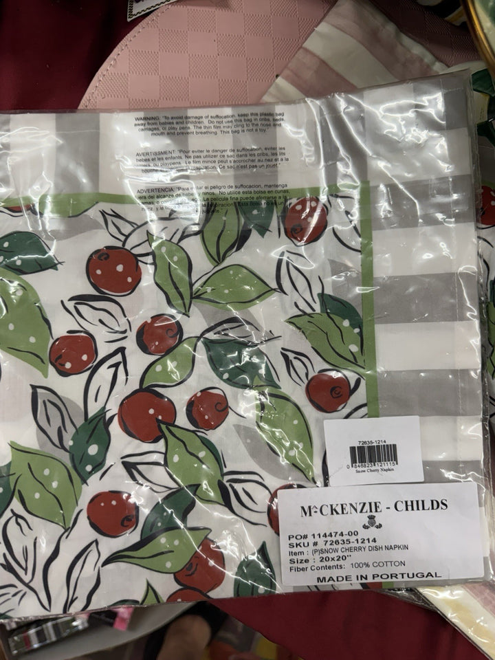 Mackenzie Childs Snow Cherry 100% Cotton Napkin NIP Set Of 2