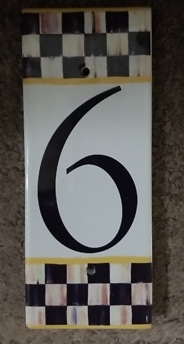 MACKENZIE CHILDS  HOUSE NUMBER 6 Or 9 COURTLY CHECK TILE NEW 7" X 3"