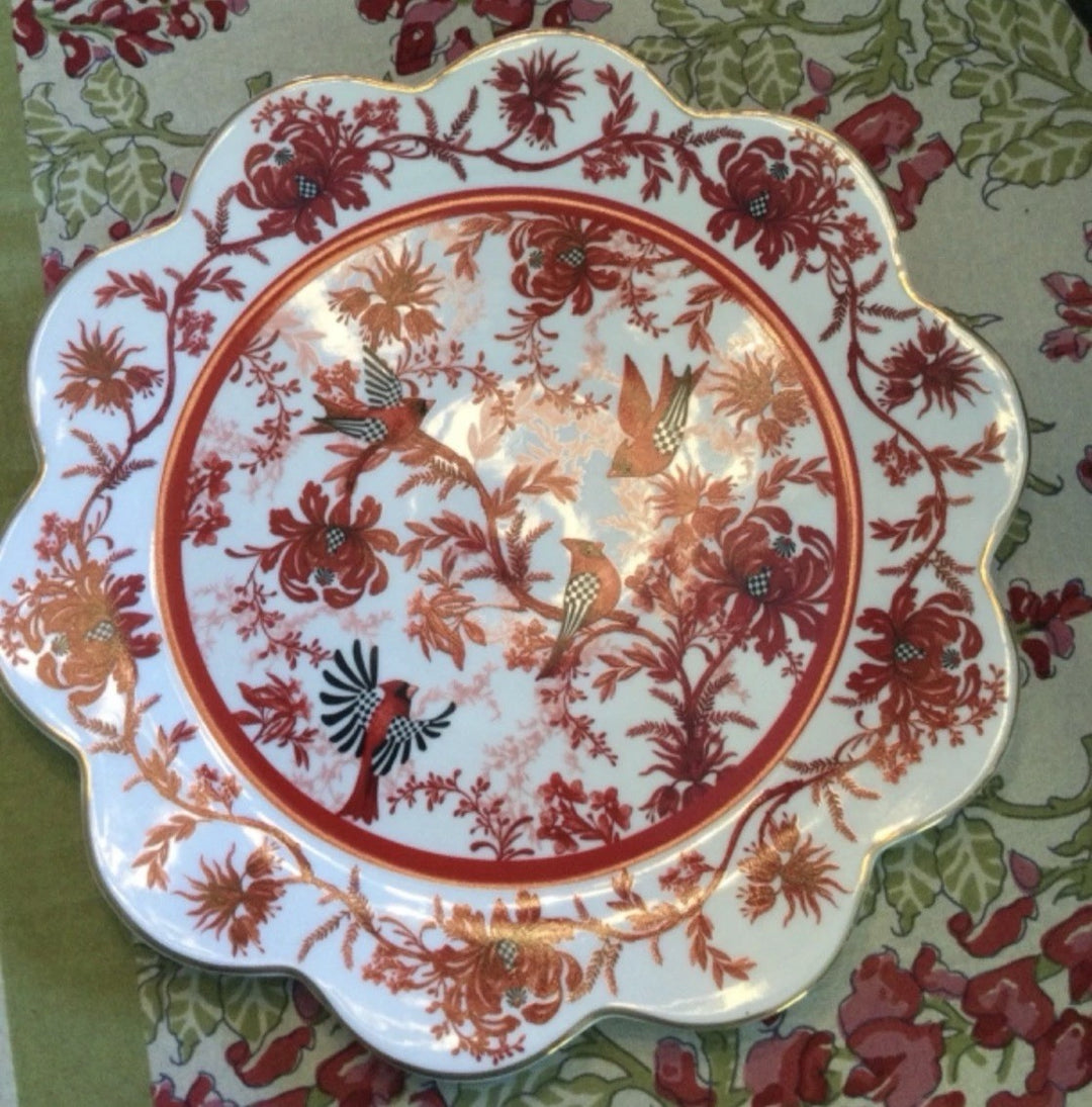 New MacKenzie Childs Cardinal Toile 12" Charger Plate petal W/ Gold Trim Retired