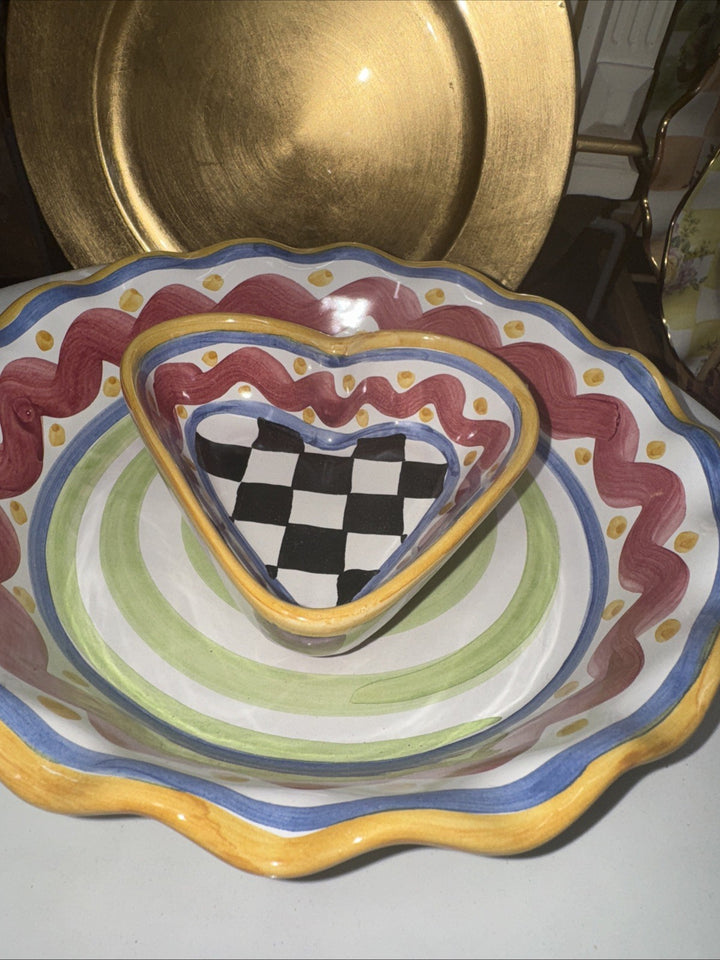 MacKenzie Childs Piccadilly Heart Bowl Small - Hand Painted Ceramic - New