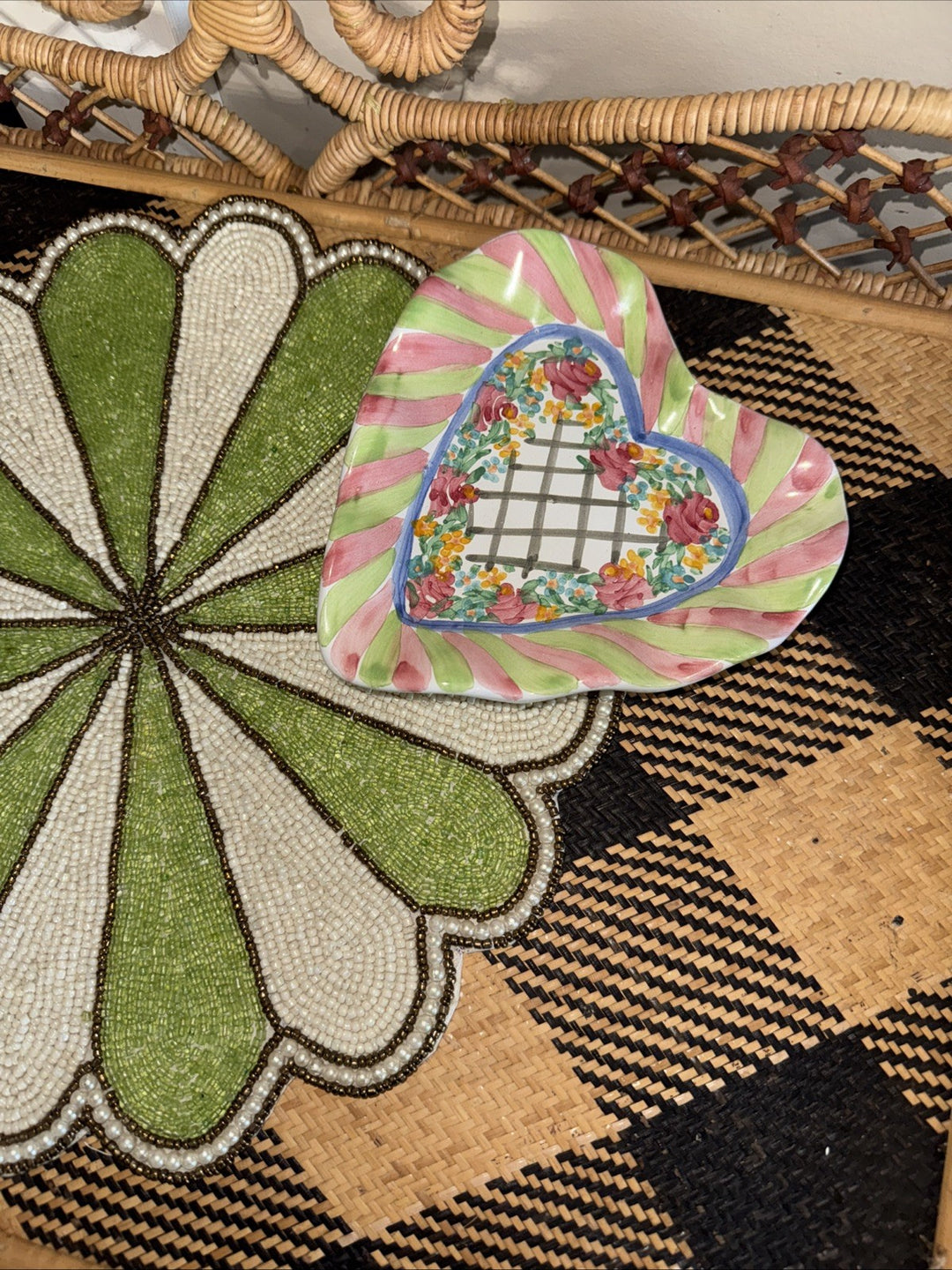 New MACKENZIE CHILDS Glen Park Ceramic Fluted Heart Trinket Dish 2012