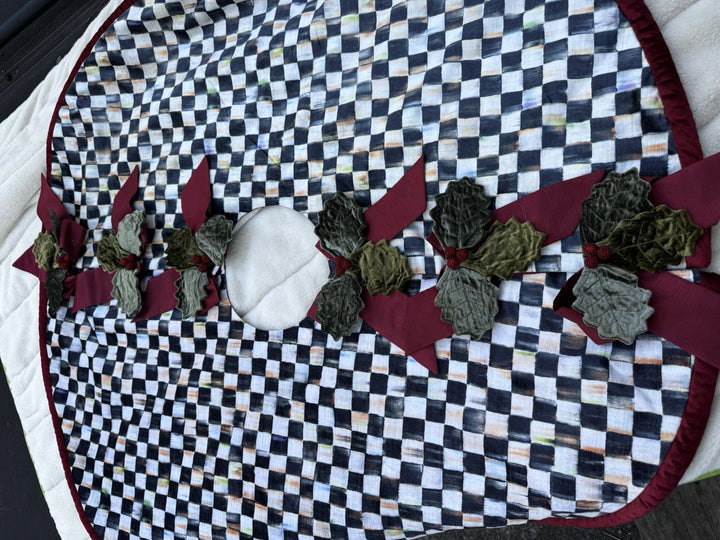 MacKENZIE CHILDS HOLIDAY   VELVET Holly And Beaded Courtly Check TREE SKIRT 46”