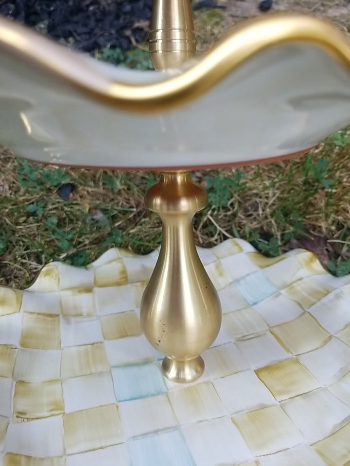 Mackenzie Childs Parchment Check Ceramic Three Tier Sweet Stand With Blue Bird