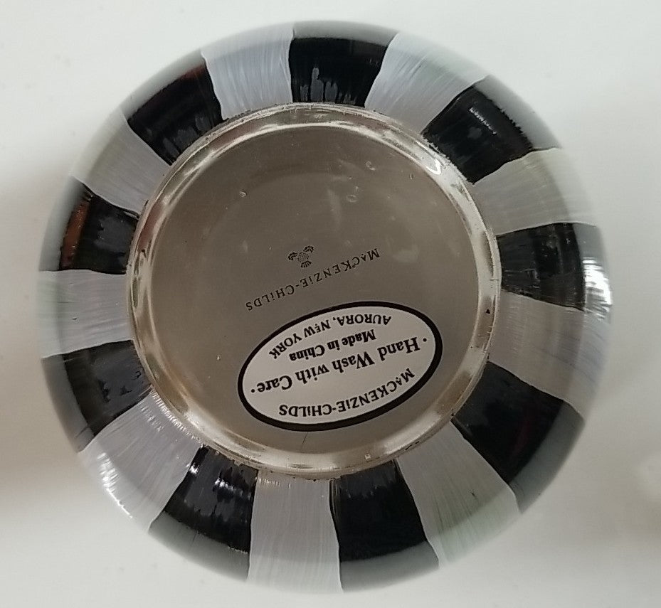 Mackenzie Childs Heirloom Black White Circus Stripe Rose Bowl EUC Retired 4”