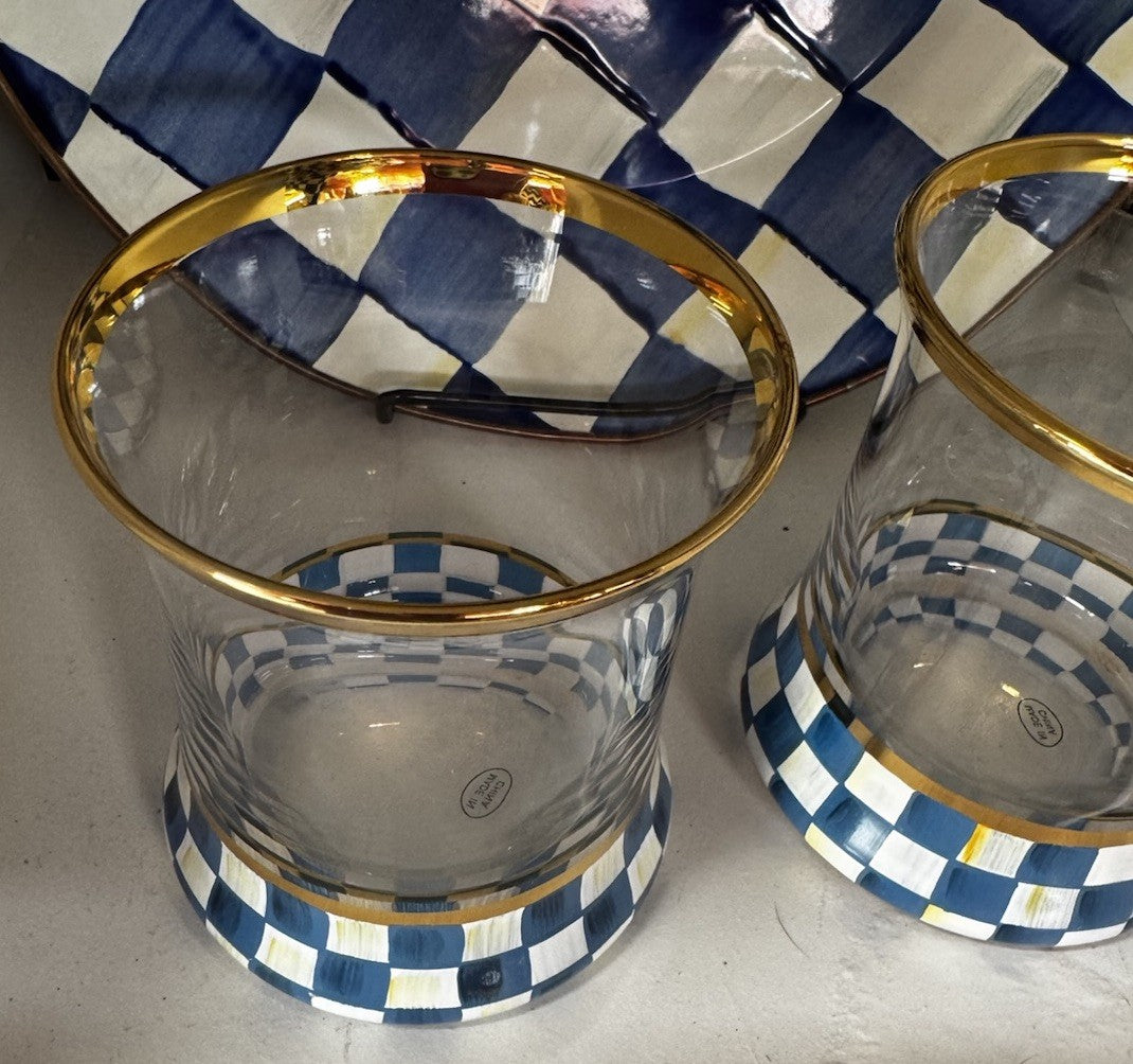 Mackenzie Childs Royal blue Check tumbler glasses set of 2-3.75” Tall Nib