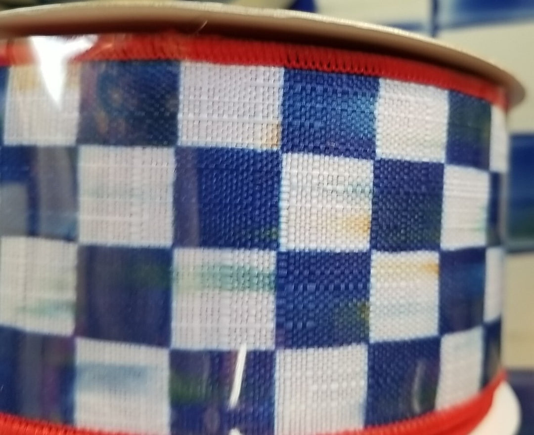 MacKenzie Childs 1 Roll Royal  Check Ribbon And Red  2”wide-10yards Roll
