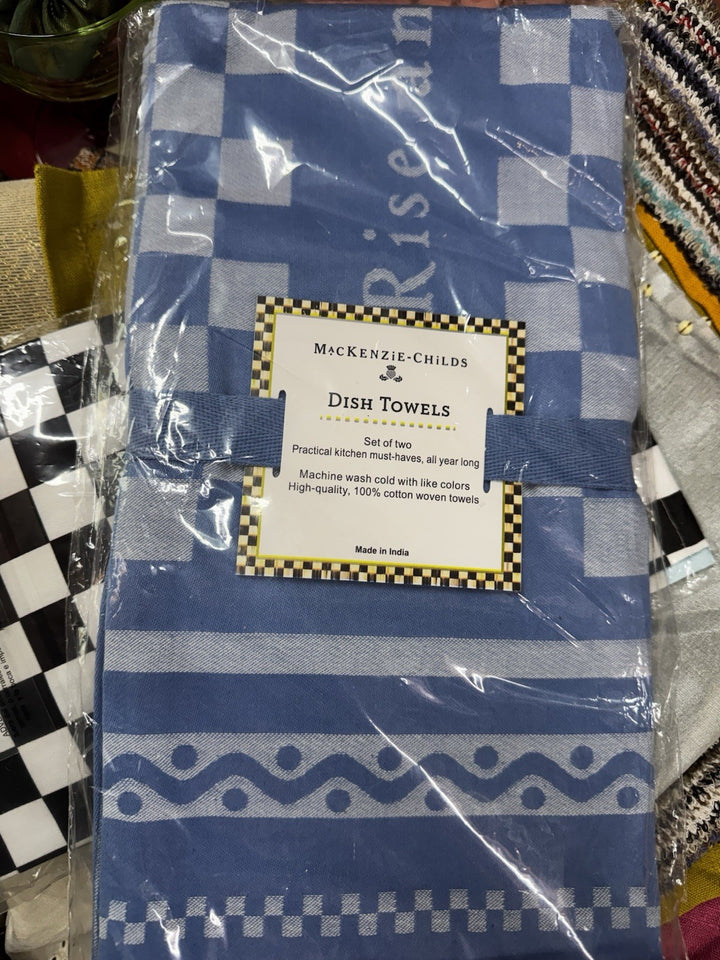 Mackenzie Childs Rise & Shine Blue Check Dish Towels Set Of 2 New In Bag