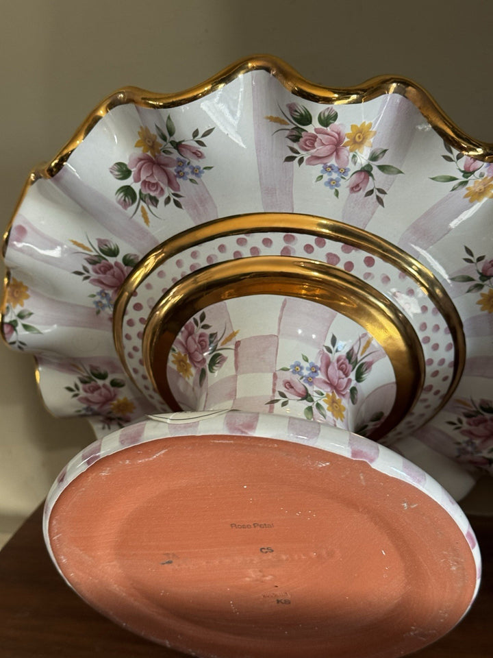 Mackenzie Childs 12” Honeymoon Pink Rose Fluted Cake Stand 2006