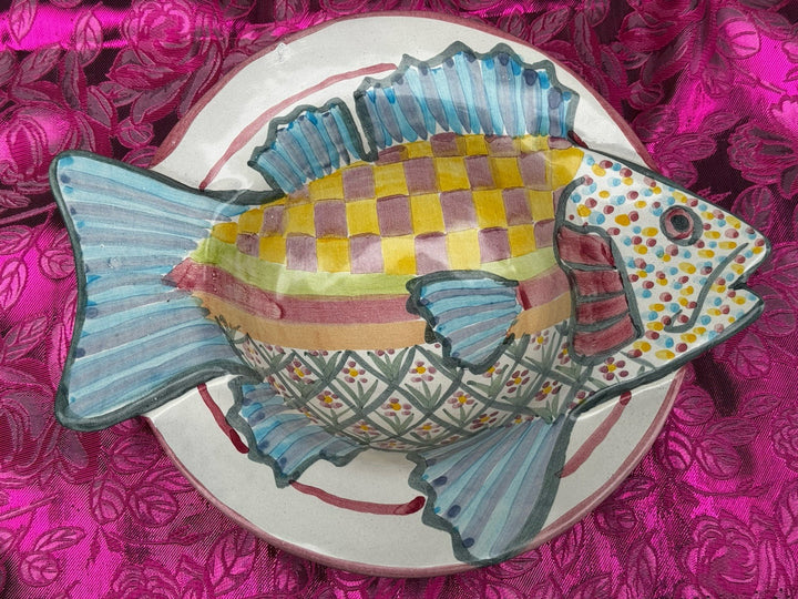 MacKenzie Childs Multi Colored Ceramic 8.5” Fish Bowl- Great Condition Retired