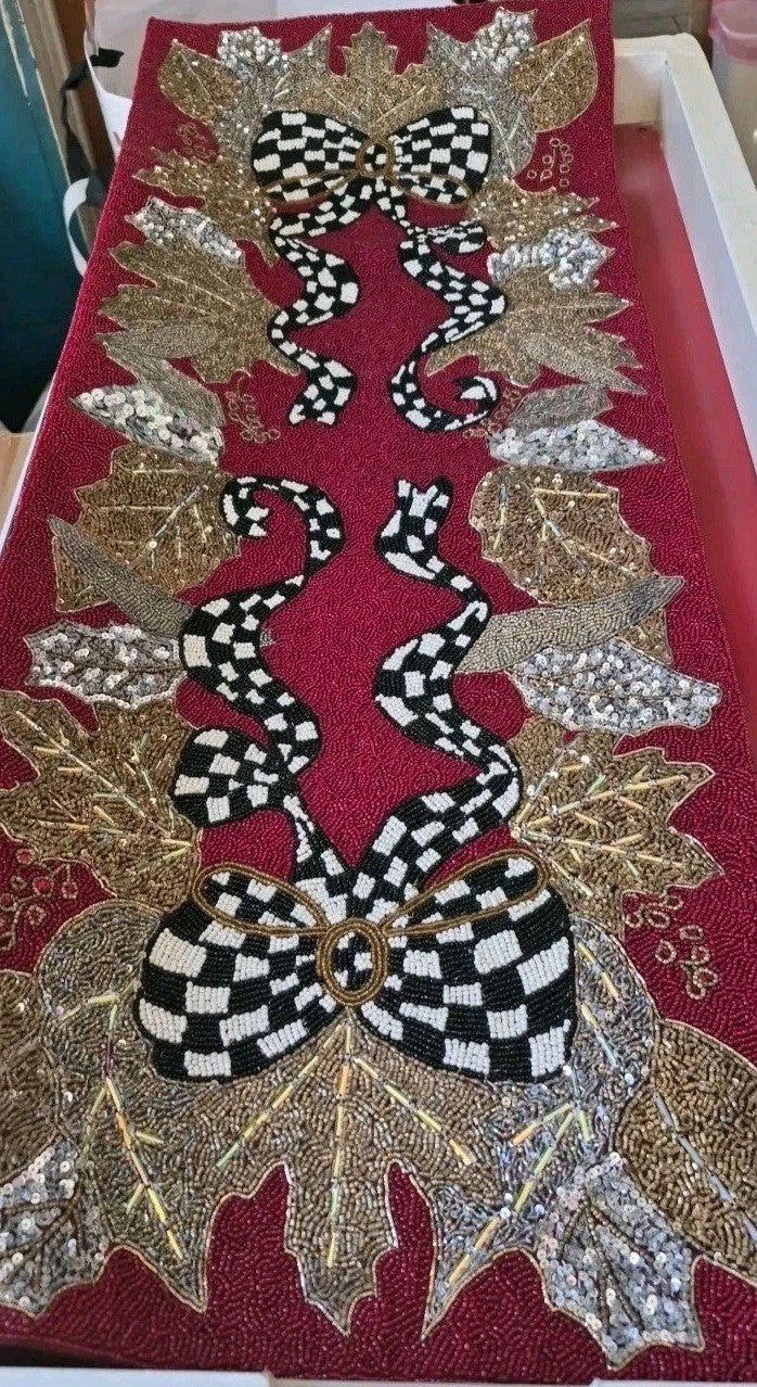 Mackenzie Childs Berry Frost Beaded Christmas Bow Table Runner 36" Centerpiece
