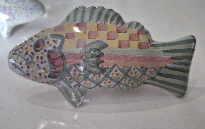 Set 2 Vintage MacKenzie-Childs Pottery Fish Cabinet Knobs / Drawer Pulls Green