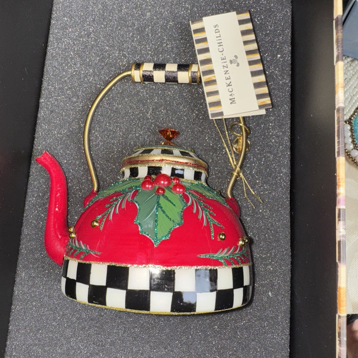 MACKENZIE CHILDS  HOLIDAY KETTLE GLASS ORNAMENT--NEW IN BOX Retired