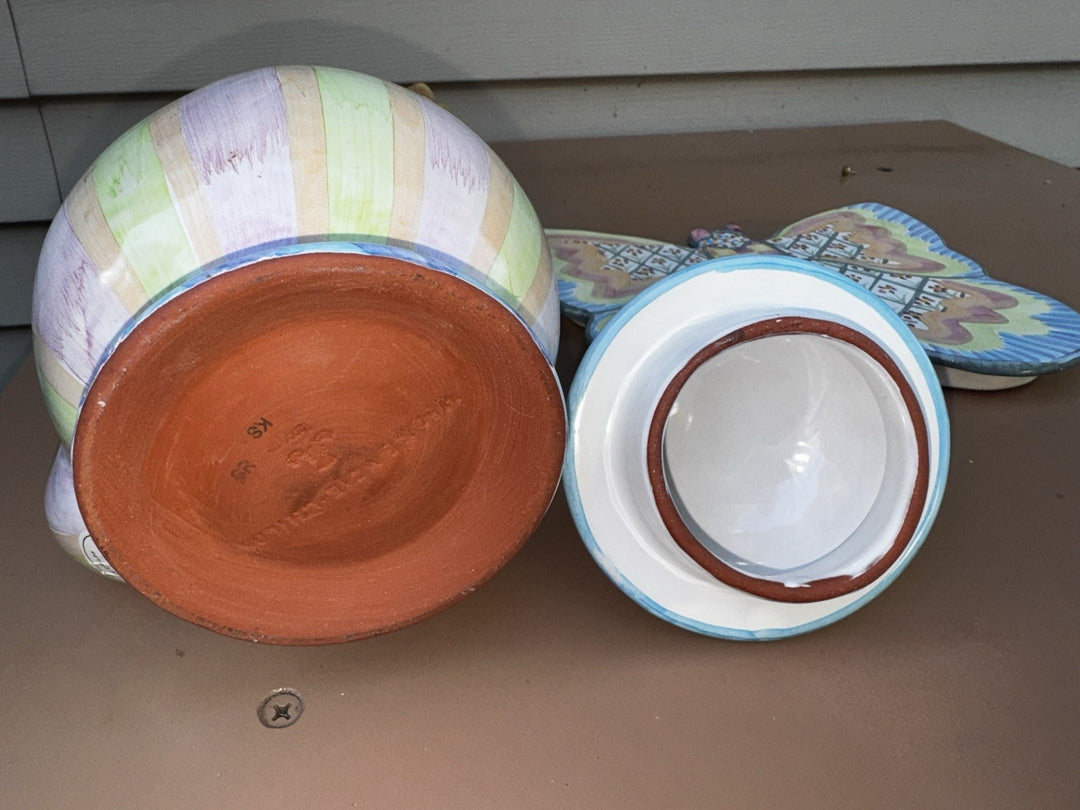 Mackenzie Childs Ceramic Butterfly Collection  With Bamboo Handle Teapot 2006