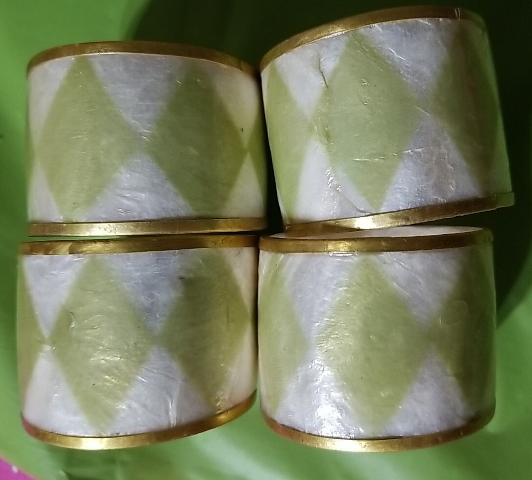 Mackenzie Childs Capiz Green Napkin Rings,  Brass, Diamond Design Set Of 4- Exc