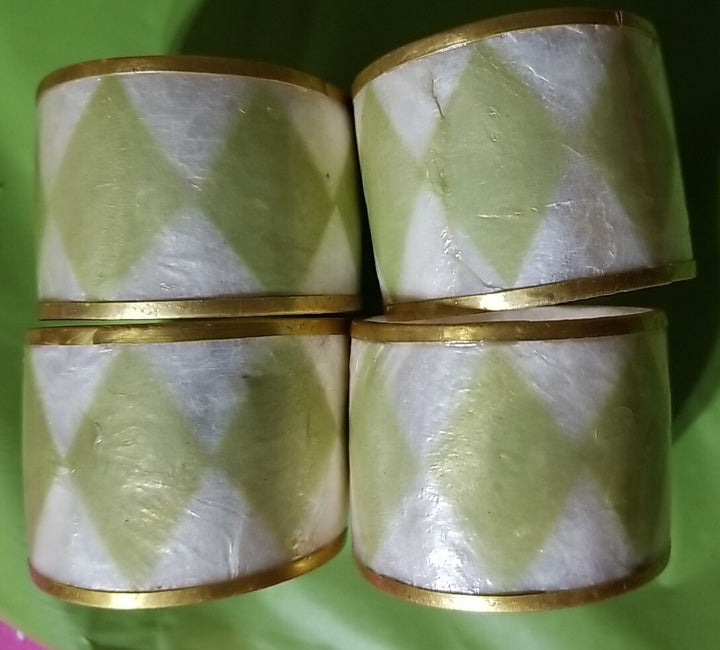 Mackenzie Childs Capiz Green Napkin Rings,  Brass, Diamond Design Set Of 4- Exc