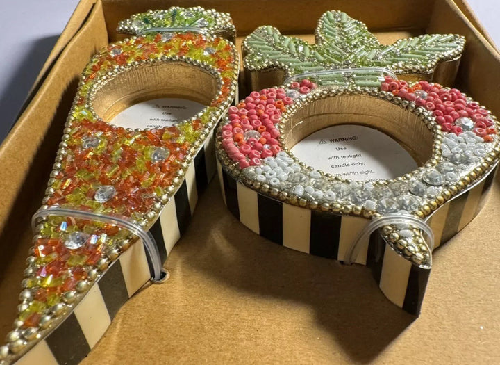 Mackenzie Childs beaded  Tea light Candle Holders Carrot And Radish NIB Retired