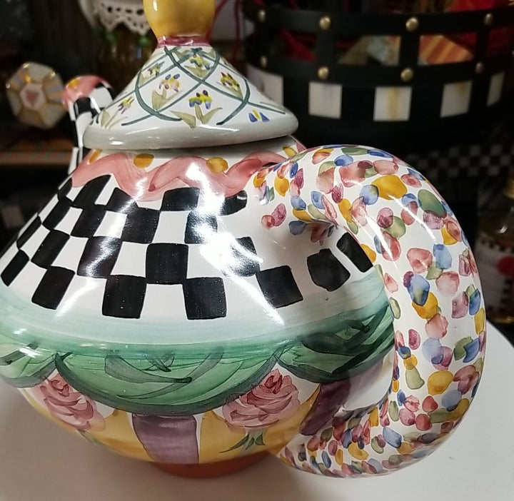 MacKenzie Childs Taylor Odd Fellows Ceramic Tea Pot Kettle 2 qt Retired w/ Lid