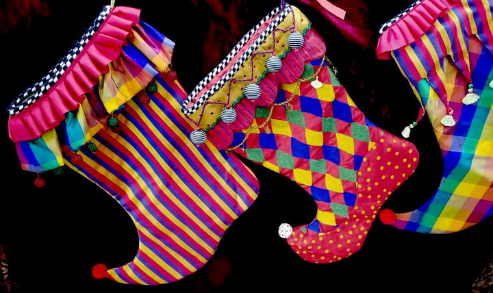 MacKenzie Childs Jester Christmas Stocking Balls Striped 15” Long- Retired Silk