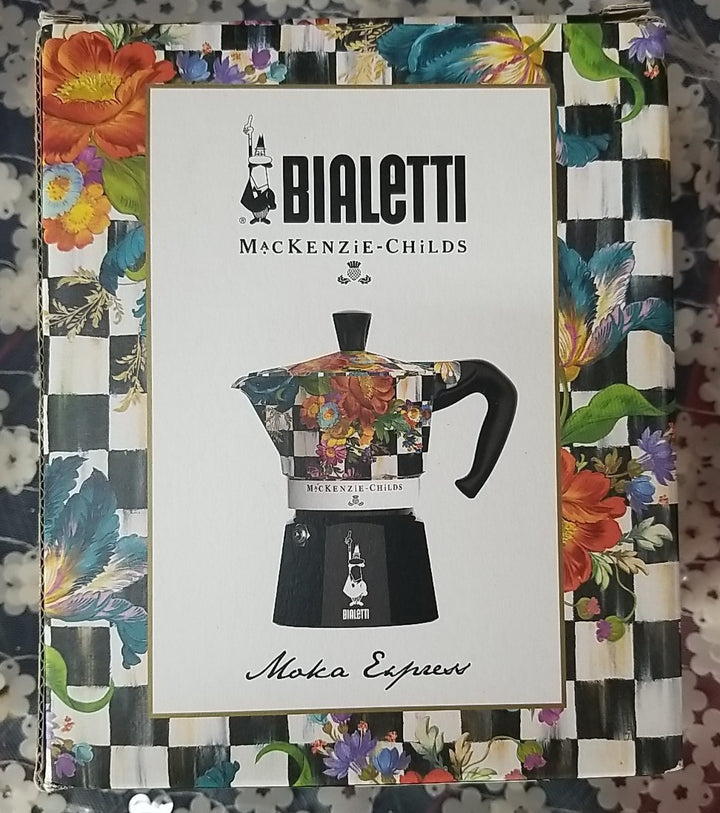 MacKenzie Childs BIALETTI MOKA POT 3 CUP COFFEE FLOWER HAND PAINTED BRAND NEW