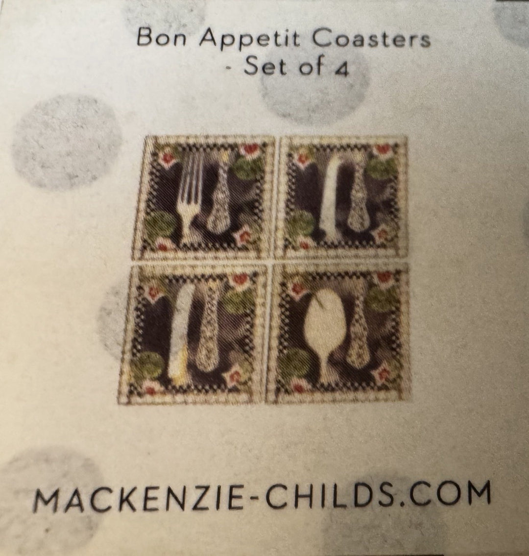 MacKenzie Childs Bon Appetite Ceramic Coaster Set Of 4 New In Box 4”x4”