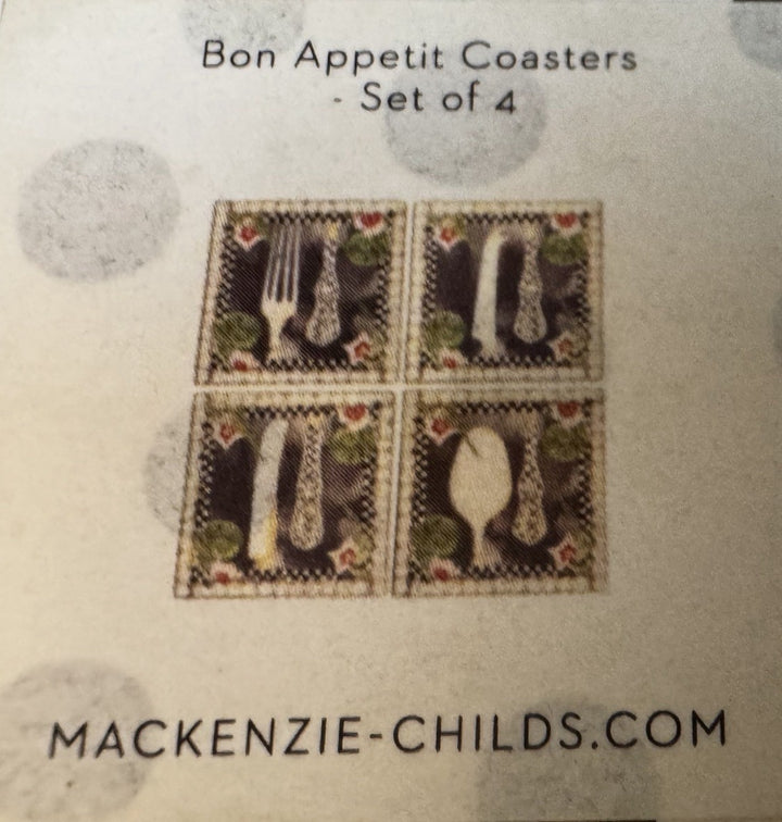 MacKenzie Childs Bon Appetite Ceramic Coaster Set Of 4 New In Box 4”x4”
