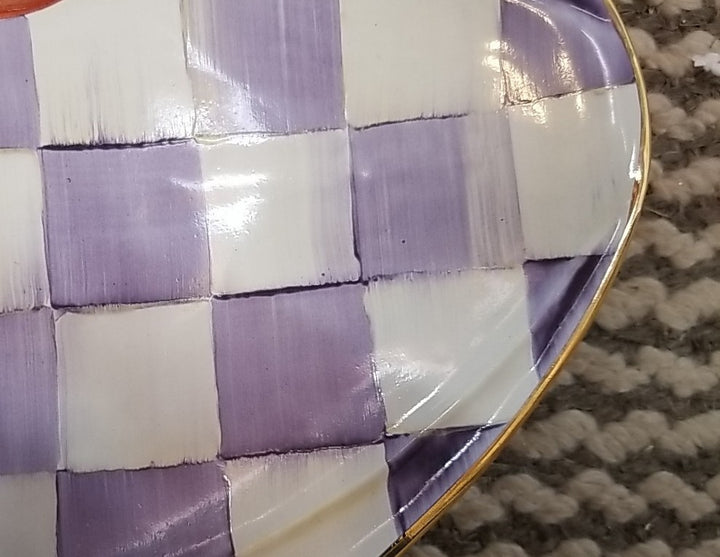 MacKenzie Childs Retired Plum Check Football 14”  Platter  Gold Trim NEW