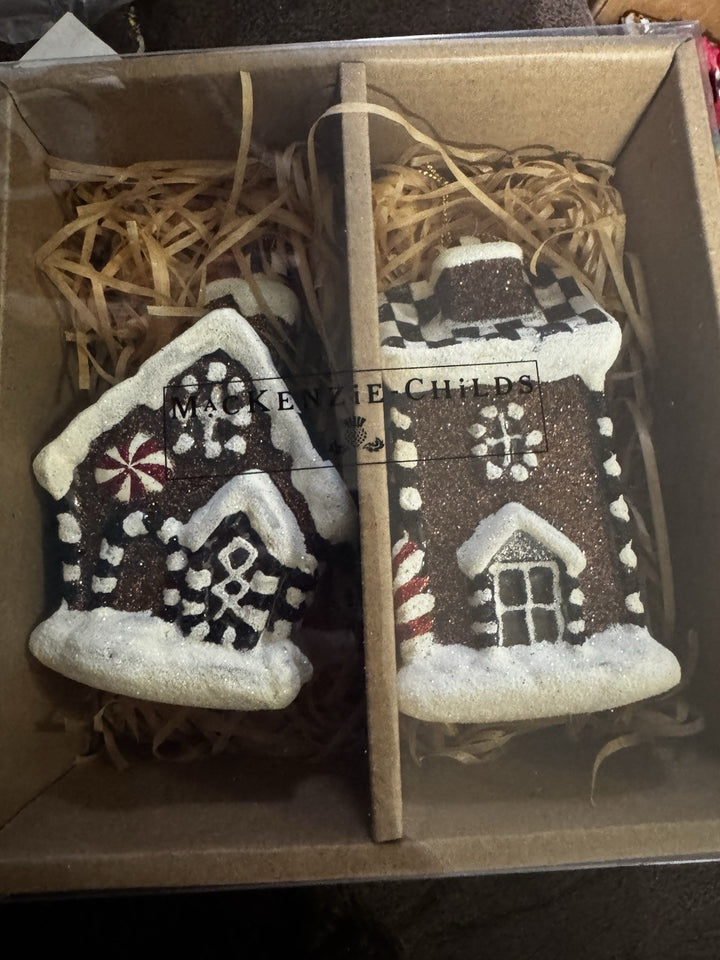 Mackenzie Childs Gingerbread Glass House Set Of 2 Ornaments  NIB Retired