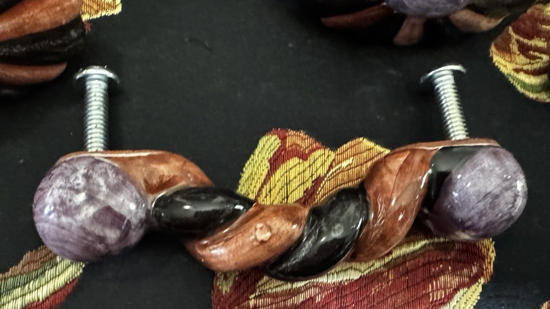 Mackenzie Childs  4” Twist Ceramic Handle Pull Knob Purple Brown Black