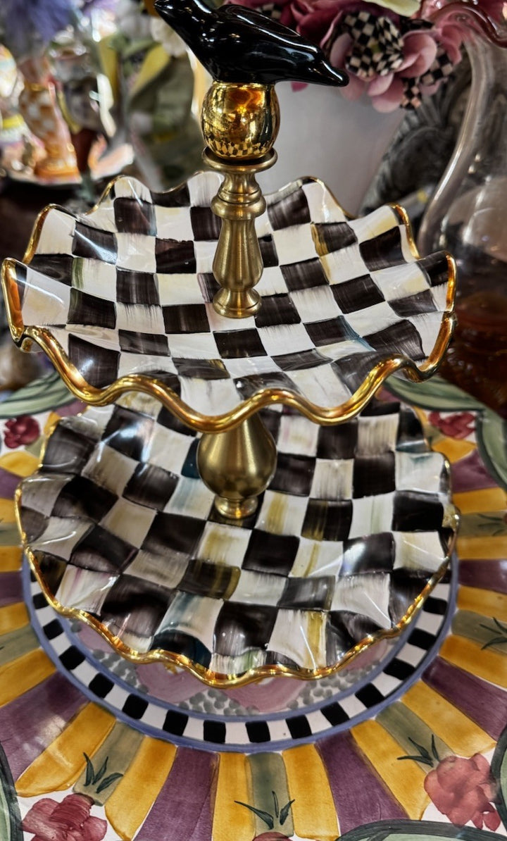 MacKenzie Childs Courtly Check Ceramic Two Tier Sweet Stand With Bird Retired