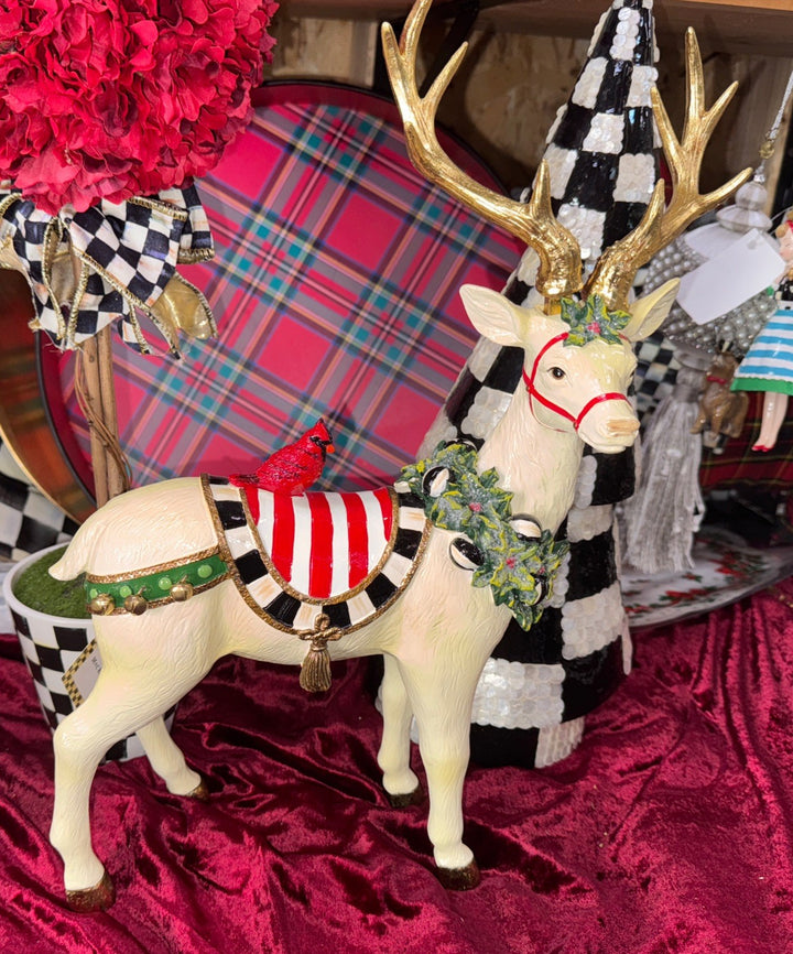 MacKenzie Childs Peppermint Standing Reindeer  11.5" x 4.5" With Cardinal-new