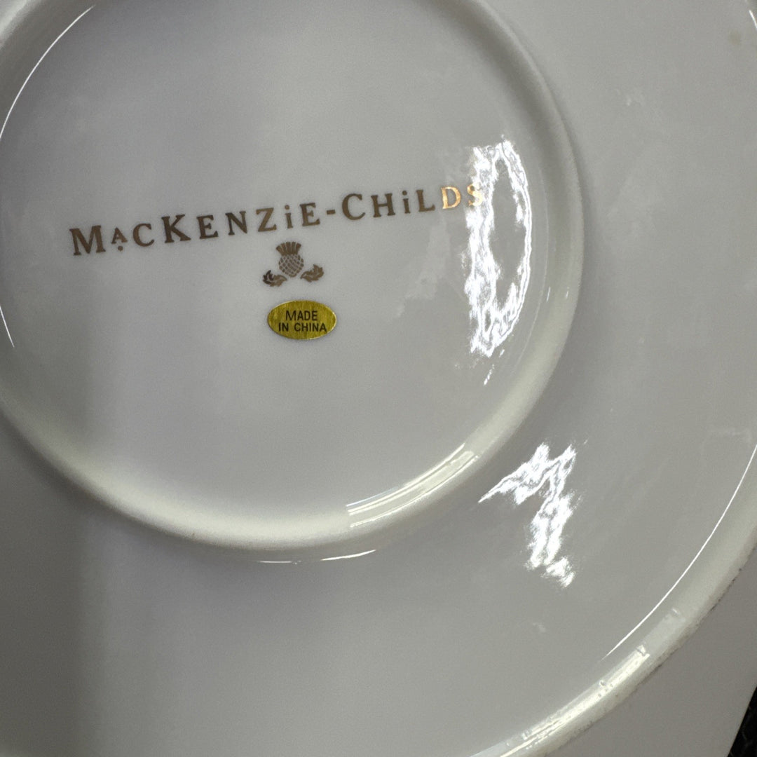 New MacKenzie Childs Cardinal Toile 12" Charger Plate petal W/ Gold Trim Retired
