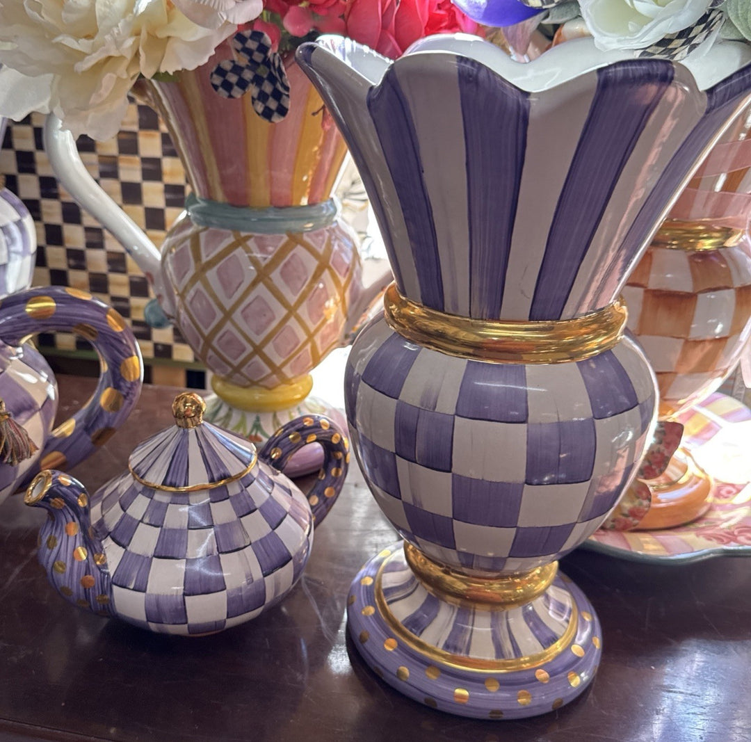 Mackenzie Childs Ceramic Violet Plum Purple Gold  Check Great Vase- NWT 2024