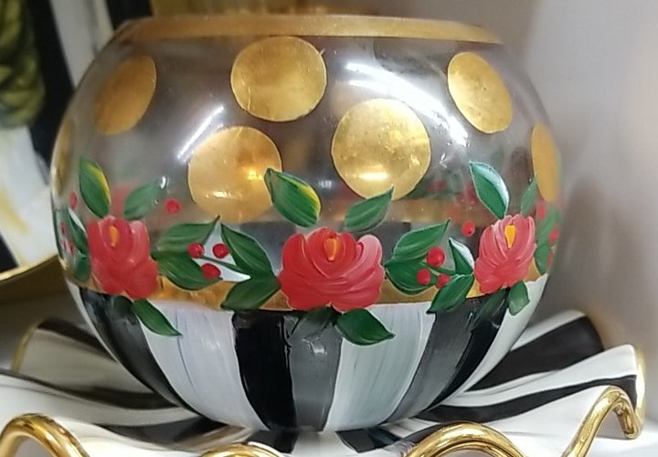 Mackenzie Childs Heirloom Black White Circus Stripe Rose Bowl EUC Retired 4”