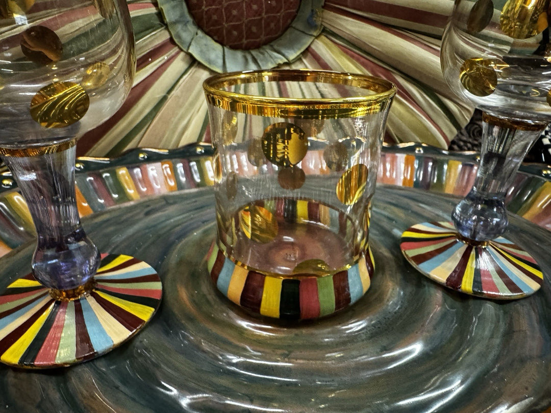 MacKenzie Childs One  Foxtrot Handblown Glass Gold Accent Whiskey  Tumbler