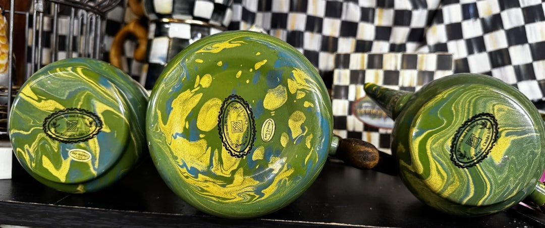 MacKenzie Childs Stacking Camp Green Swirl Enamel Tea Cream & Sugar High tea Set