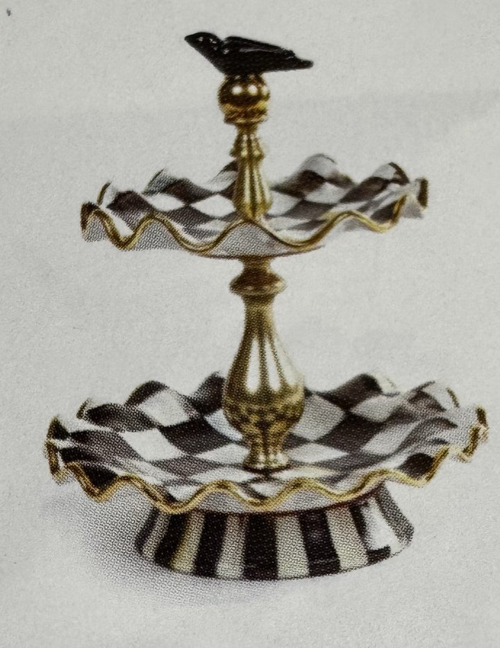 MacKenzie Childs Courtly Check Ceramic Two Tier Sweet Stand With Bird Retired
