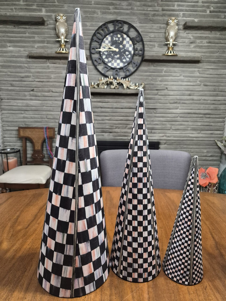 Mackenzie Childs Courtly Check Cone Trees Fabric Set Of 3 Stackable Retired