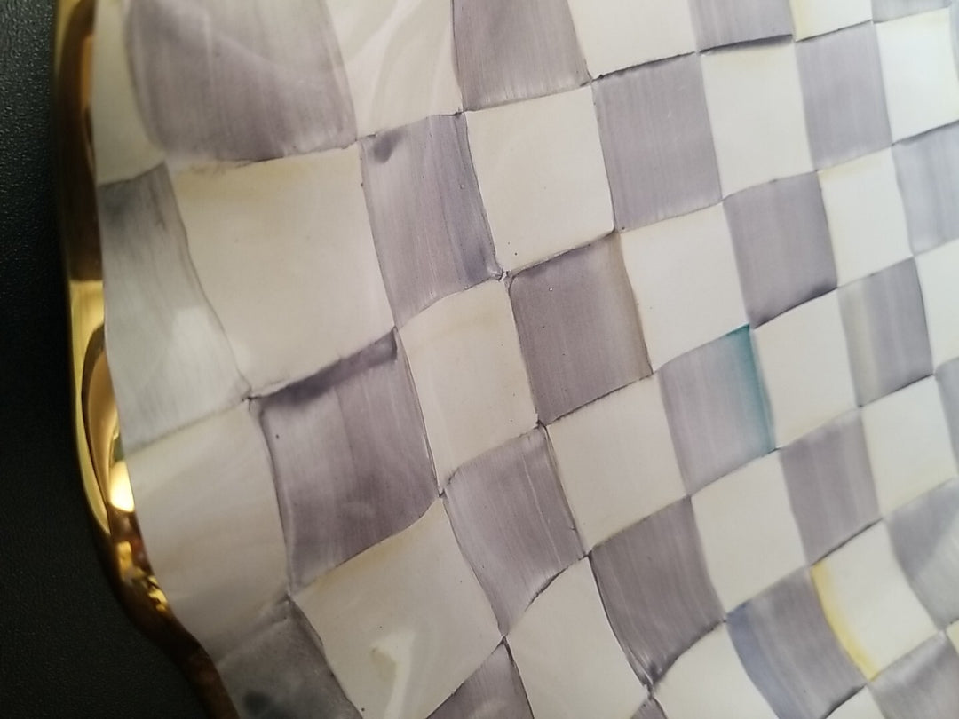 Mackenzie Childs STERLING Check Ceramic 11” Dinner Plate Fluted W/Gold Trim