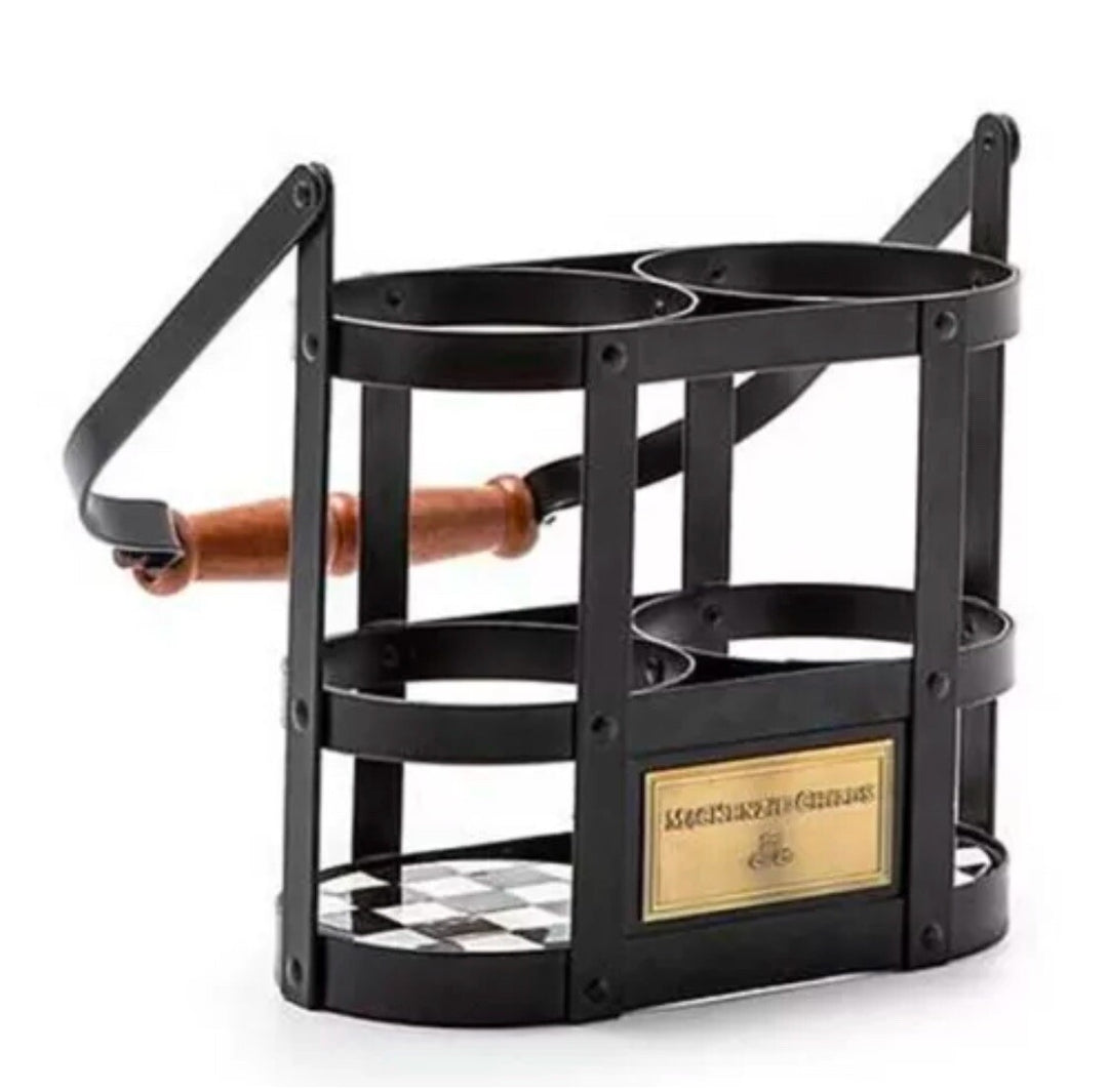 Mackenzie Childs Wine Carrier  Steel & Courtly Check Enamel New