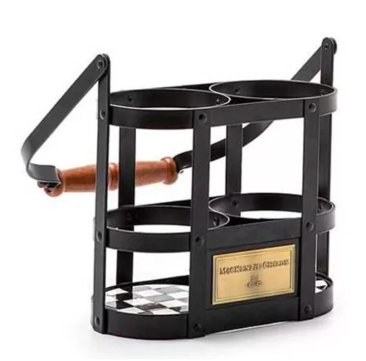 Mackenzie Childs Wine Carrier  Steel & Courtly Check Enamel New